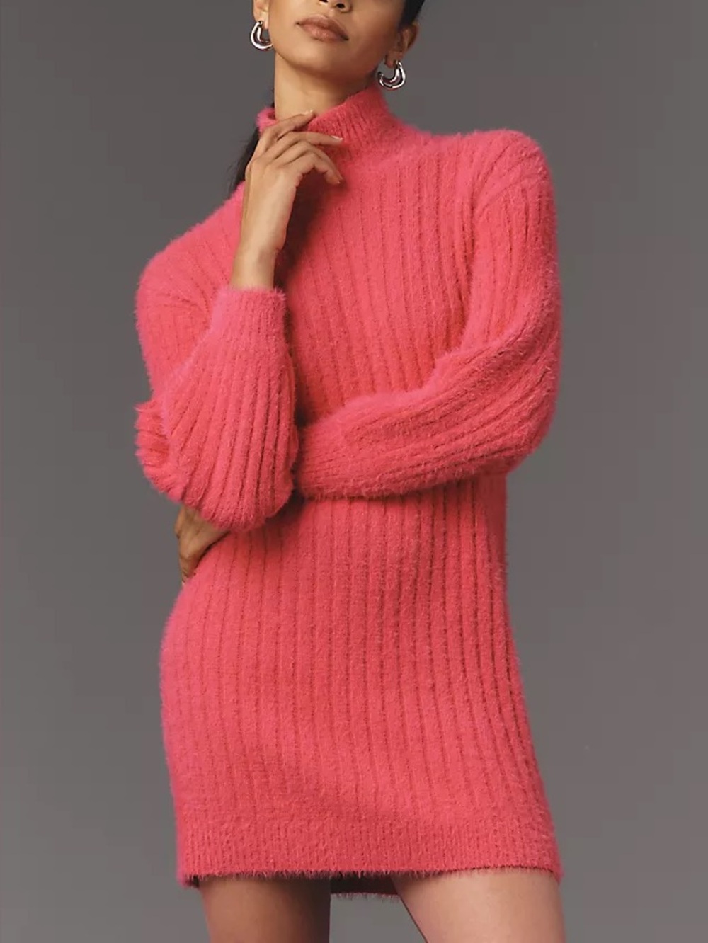 Anthropologie Flat White Turtleneck Jumper Dress Fuzzy Ribbed Sweater Pink Large